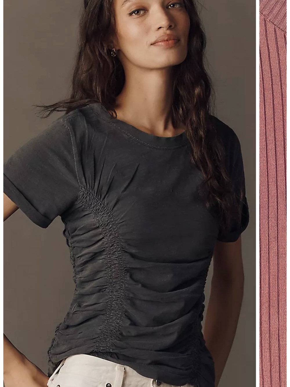 Anthro Pilcro Bennie Cotton Ruched Crew Neck Tee in Carbon Size XS NWT Capsule